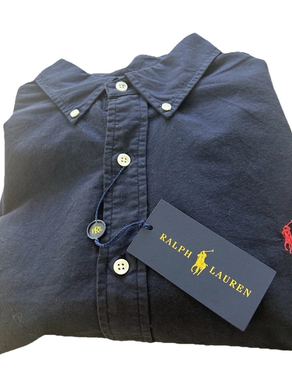 Ralph Lauren Navy Button-Down Oxford with Red Pony Emblem